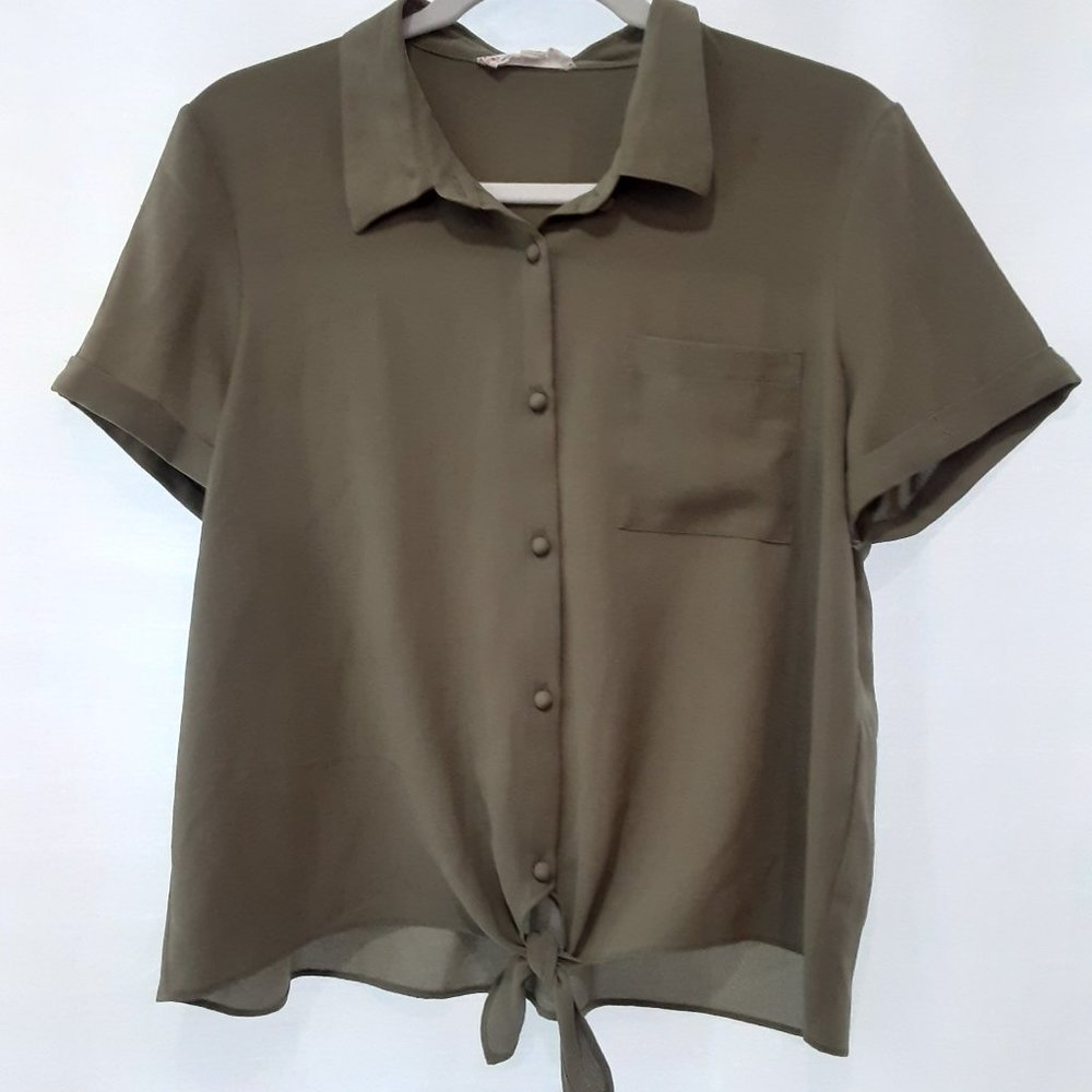 Pink Rose Olive Green Tie Blouse (L)